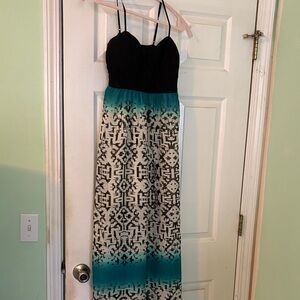Three Hearts Black and Teal Patterned Maxi Dress